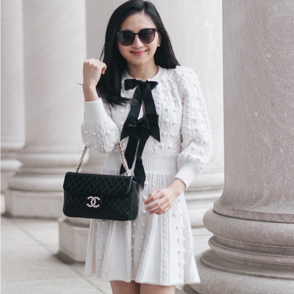 ALICE AND OLIVIA Kitty Cream Ivory Black Bow Pom Fit Flare Sweater Dress